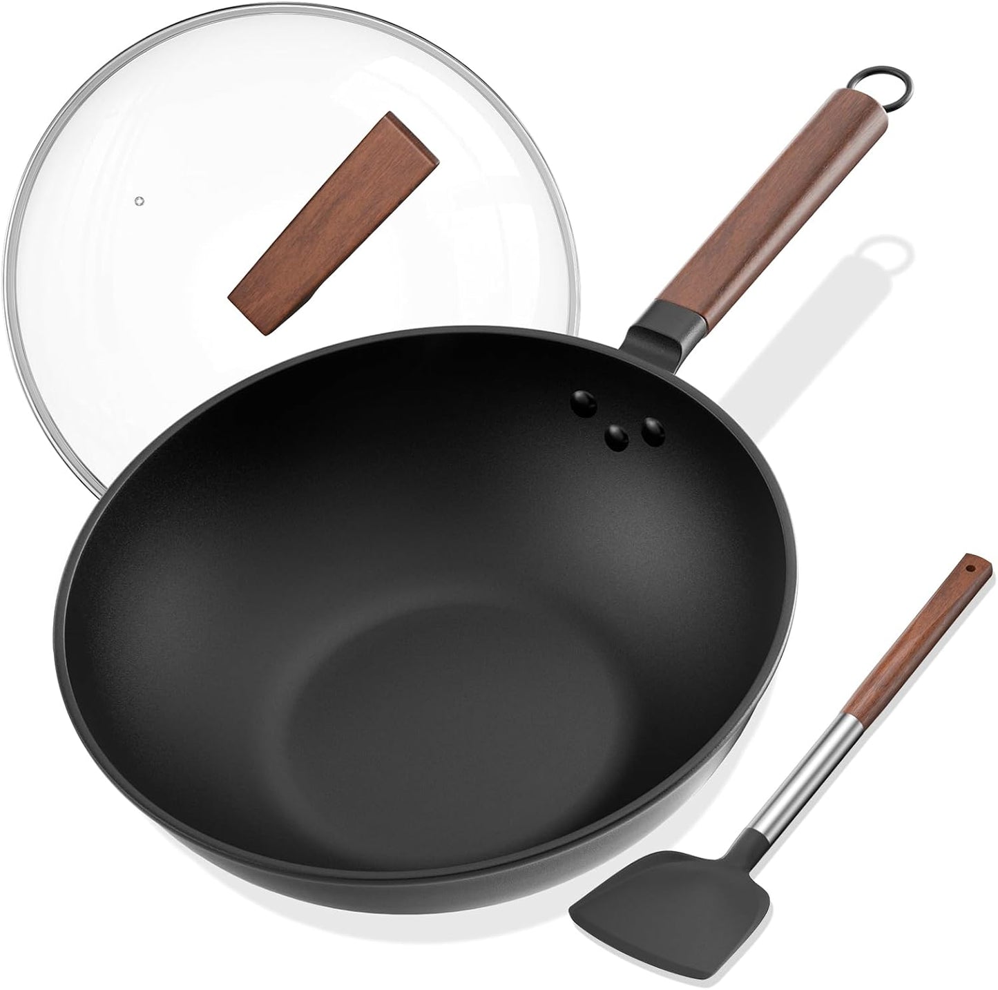 13-Inch Nonstick Wok, Carbon Steel Wok Pan with Glass Lid & and Silicone Spatula, Flat Bottom Woks & Stir-Fry Pans No Chemical Coated Wok