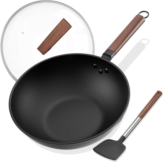 13-Inch Nonstick Wok, Carbon Steel Wok Pan with Glass Lid & and Silicone Spatula, Flat Bottom Woks & Stir-Fry Pans No Chemical Coated Wok