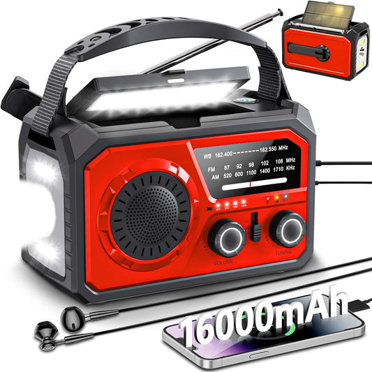 16000mAh Emergency Weather Radio, DOMNIU AM/FM/NOAA Weather Alert Radio, Hand Crank/Solar/Type-C Rechargeable Outdoor Solar Radio with Reading Lamp SOS Alarm 3 Mode Flashlight Power Bank(Red)