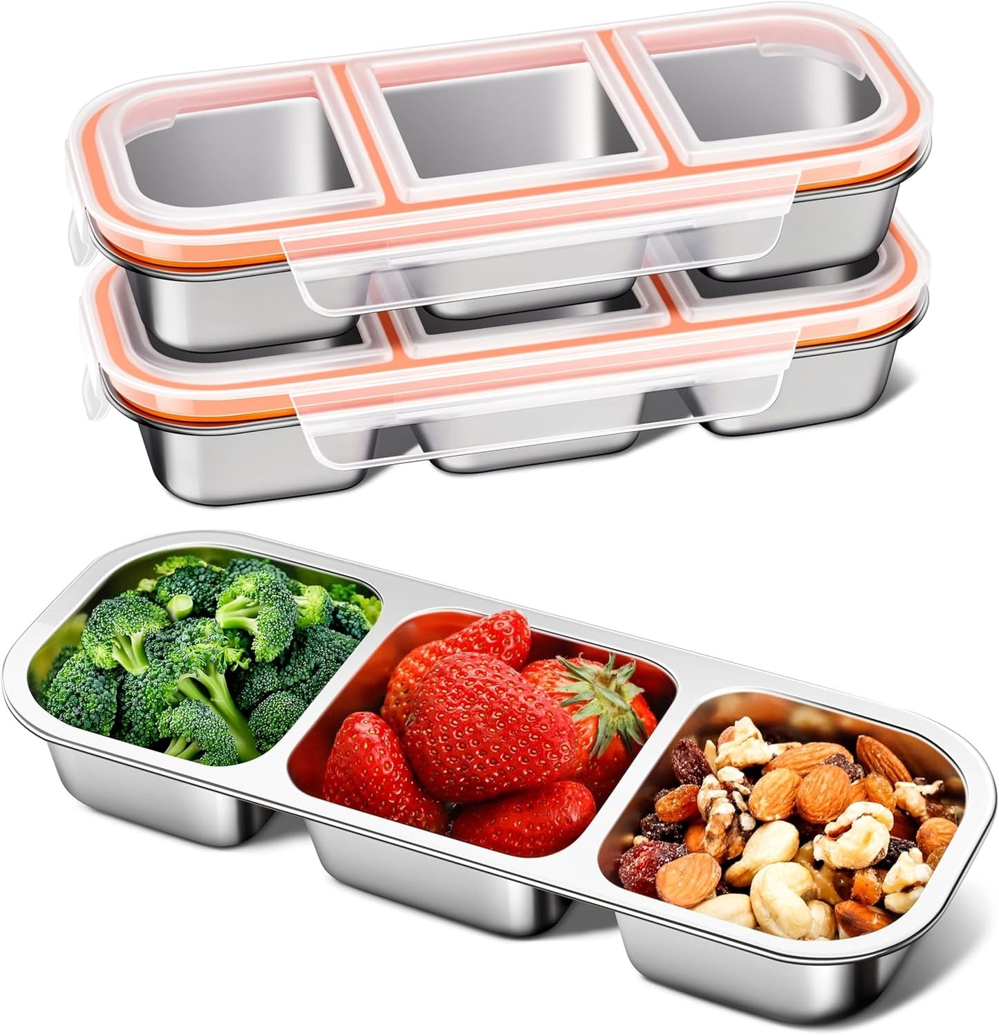 3 Pack Stainless Steel Snack Containers, 3 Compartment Metal Bento Lunch Box with 10 Mini Fruit Forks, Leak-Proof Stackable Meal Prep Containers for Kids & Adults