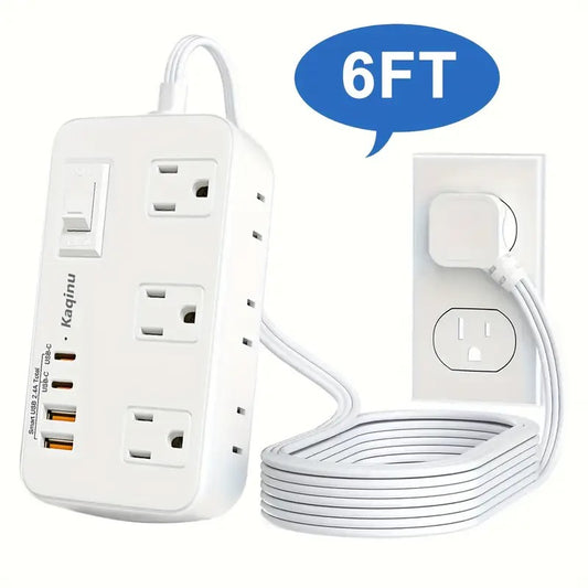 6-Foot Power Strip Surge Protector - 8 AC Outlets, 4 USB Ports (2 USB-A, 2 USB-C), 10 in 1 Flat Plug, 110V-130V Operating Voltage, Wall Mountable for Home Office Dorm