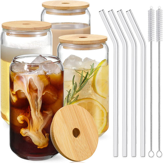 Drinking Glasses with Bamboo Lids and Glass Straw 4pcs Set - 16oz Can Shaped Cups, Beer Glasses, Iced Coffee Cute Tumbler Cup, Ideal for Cocktail, Whiskey