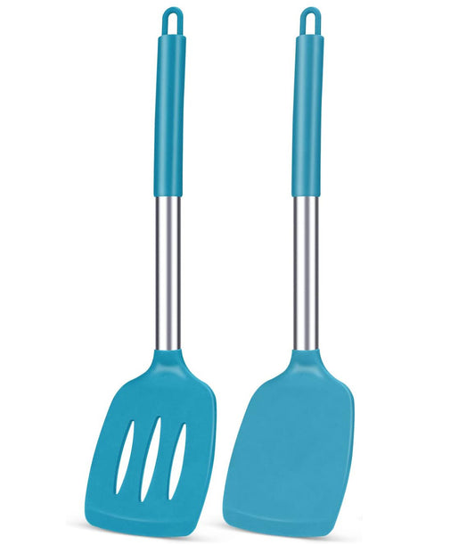 Pack of 2 Silicone Solid Turner,Non Stick Slotted Kitchen Spatulas,High Heat Resistant BPA Free Cooking Utensils,Ideal Cookware for Fish,Eggs,Pancakes (Blue)
