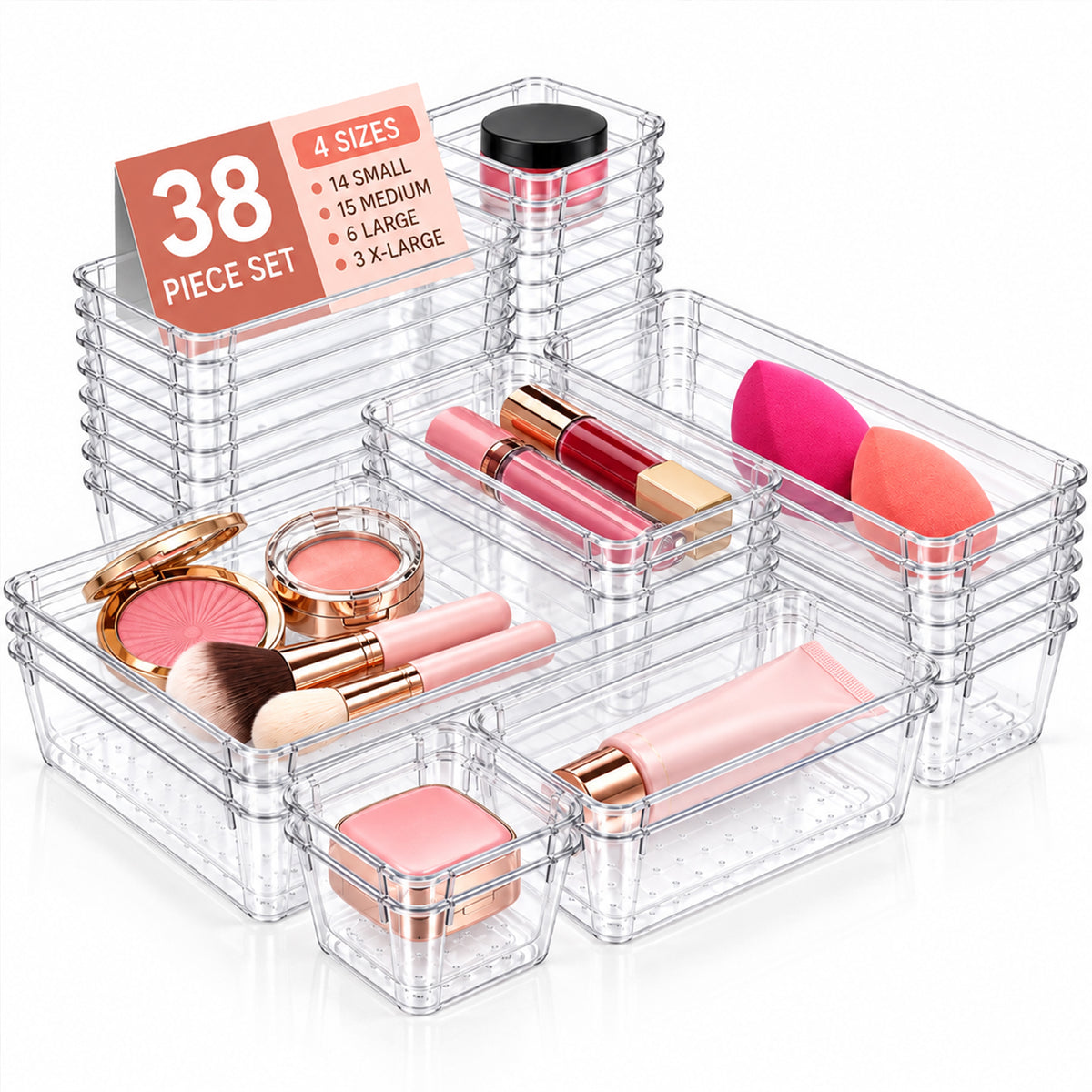 TAIMASI 38 Pcs Clear Plastic Drawer Organizer Set, 4 Sizes Desk Drawer Divider Organizers and Storage Bins for Makeup, Jewelry, Gadgets for Kitchen, Bedroom, Bathroom, Office