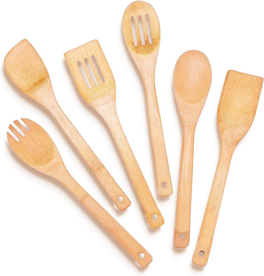 Wooden Spoons for Cooking, AOKIWO 6Pcs Banboo Spatula Spoon Tongs Utensils Set for Kitchen Cookware