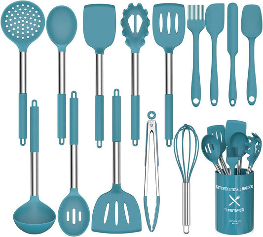 Silicone Cooking Utensil Set, AOKIWO 15pcs Silicone Cooking Kitchen Utensils Set, Non-stick - Best Kitchen Cookware -Blue