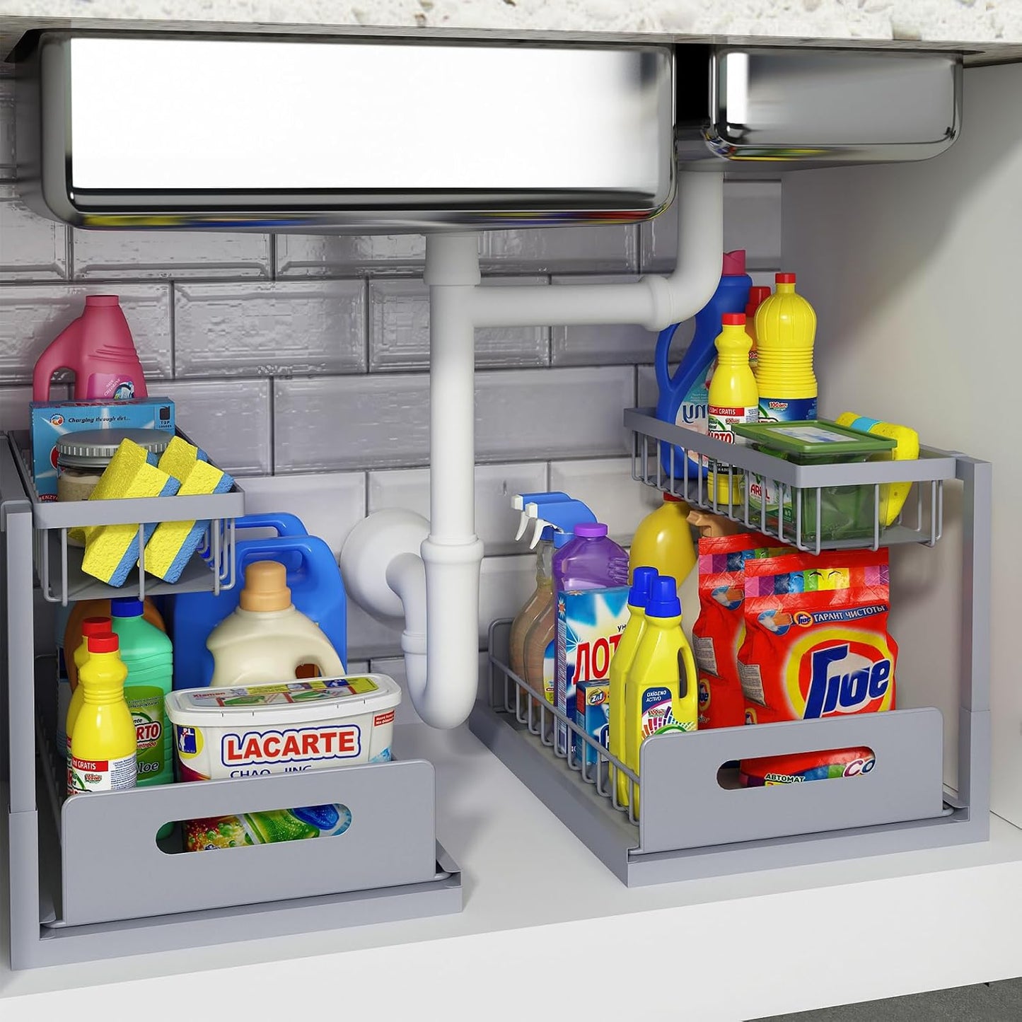 2 Pack Under Sink Organizer and Storage, Pull Out Cabinet Organizer Slide Out Sink Shelf Cabinet Storage Shelves, Under Sink Storage for Kitchen Bathroom Cabinet,Gray