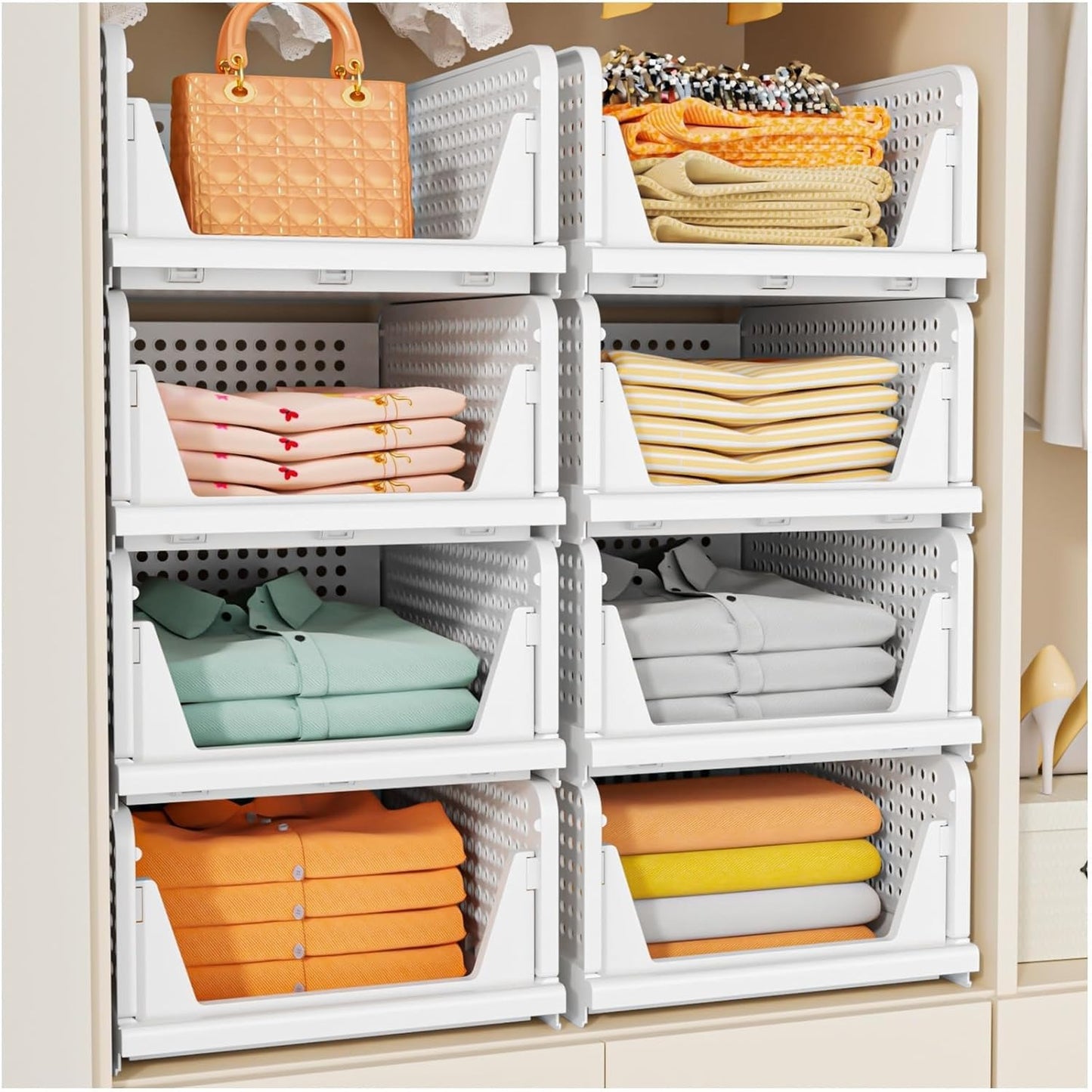 TAIMASI 5 Pack Stackable Closet Storage Basket, Multifunctional Foldable Closet Organizer for Kitchen Bathroom Laundry Room Wardrobe Storage, Space-Saving Clothes Storage Drawer Organizer, White