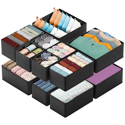 12 Pack Drawer Organizer Clothes, Dresser Organizer Bins for Nursery, Closet Organization and Storage Dividers for Clothing, Underwears, Socks - Black