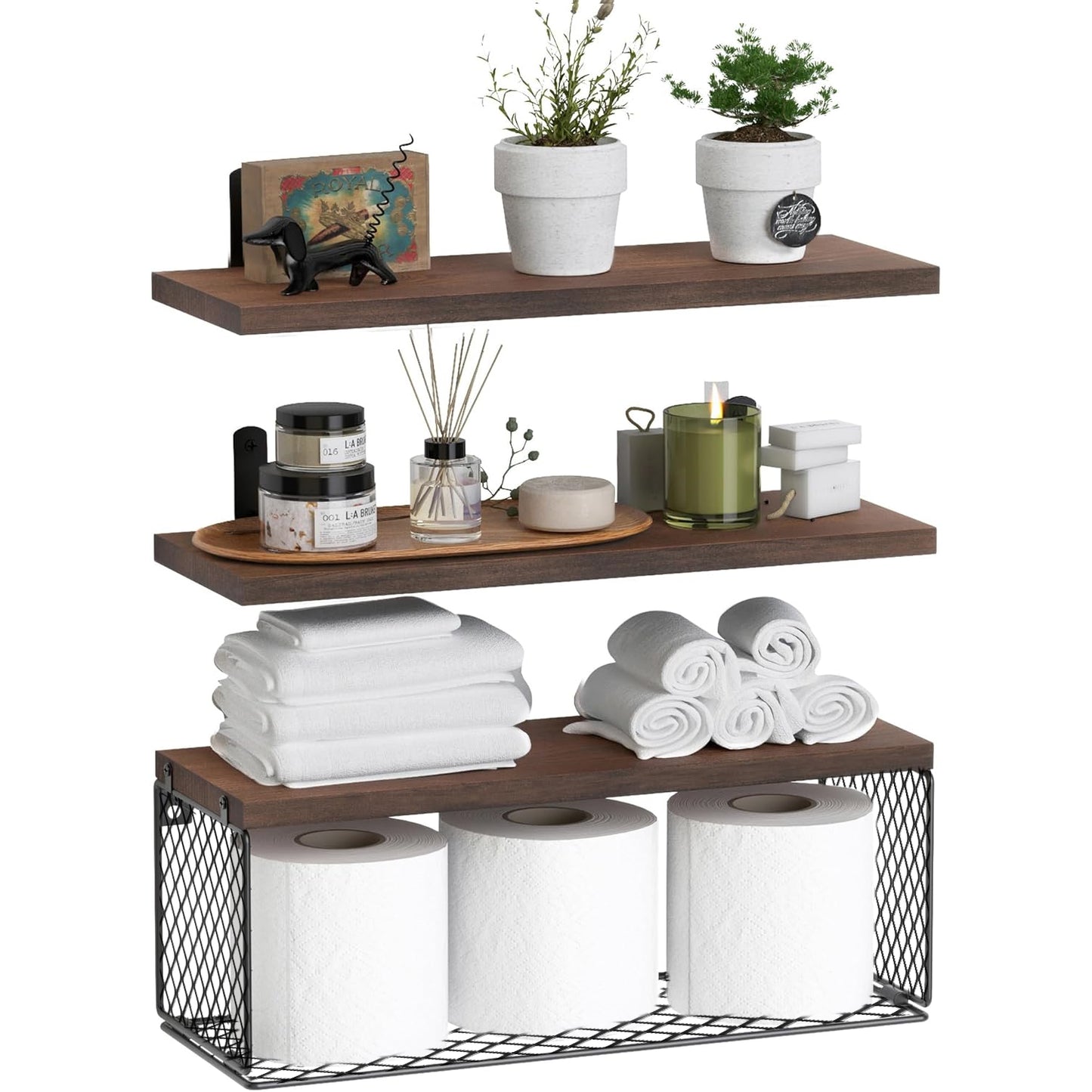 Bathroom Shelf Over Toilet, Bathroom Floating Shelves Wall Mounted with Wire Basket, Floating Shelf for Wall Decor - Rustic Brown