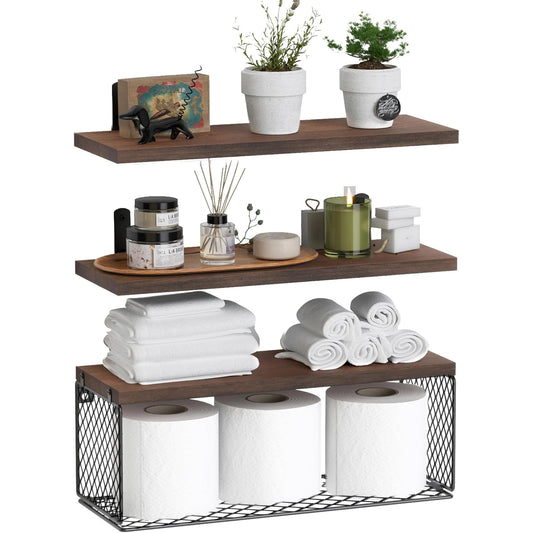 Bathroom Shelf Over Toilet, Bathroom Floating Shelves Wall Mounted with Wire Basket, Floating Shelf for Wall Decor - Rustic Brown