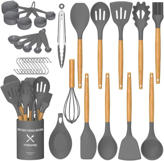 Silicone Cooking Utensils Set, 33 pcs Non-Stick Cooking Kitchen Utensils Set with Holder, Wooden Handle Gadgets Utensil Set (Gray)