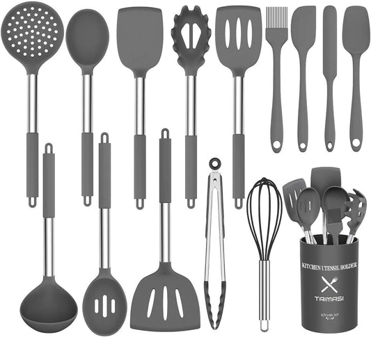 Silicone Cooking Utensil Set, AOKIWO 15pcs Silicone Cooking Kitchen Utensils Set, Non-stick - Best Kitchen Cookware -Gray