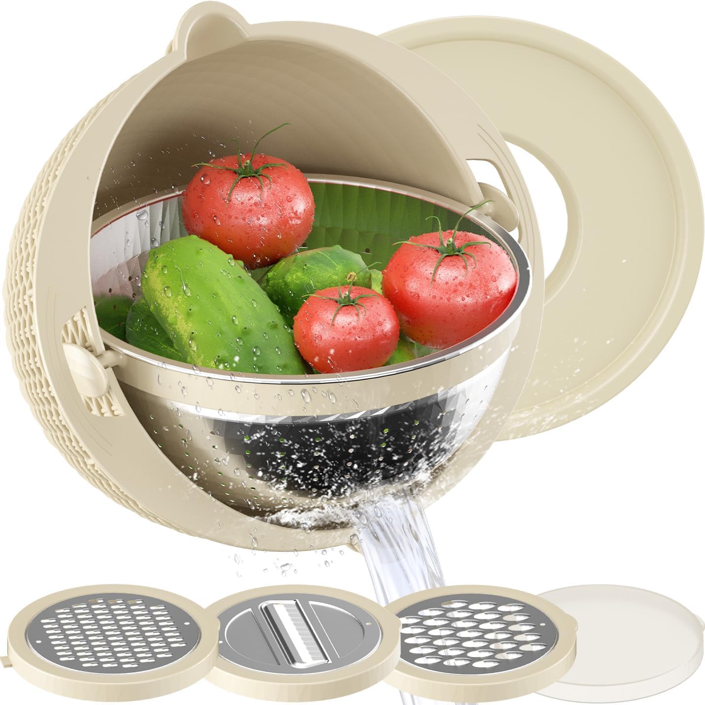 4-1 Colander with Mixing Bowl Set - for Kitchen, Food, Pasta And Rice Strainer, Fruit Cleaner, Veggie Wash, Salad Spinner, Apartment & Home Essentials - Green