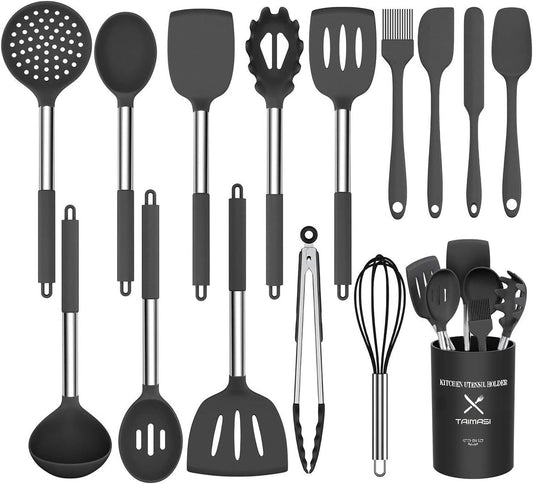 Silicone Cooking Utensil Set, AOKIWO 15pcs Silicone Cooking Kitchen Utensils Set, Non-stick - Best Kitchen Cookware -Black