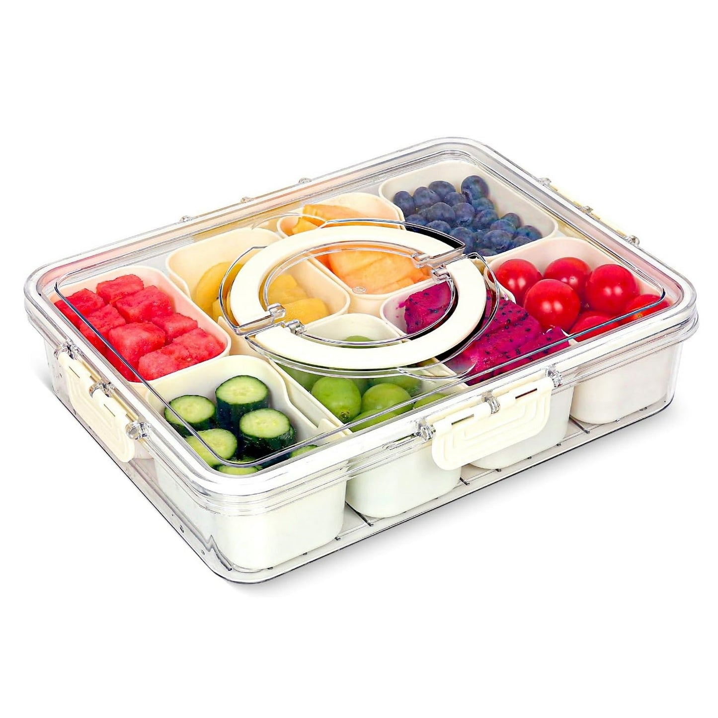 Snackle Box Container, 8 Compartment Divided Serving Tray with Lid and Handle, Portable Snack Tray and Serving Platter for Party, Picnic, Perfect for Fruit, Candy and Treats
