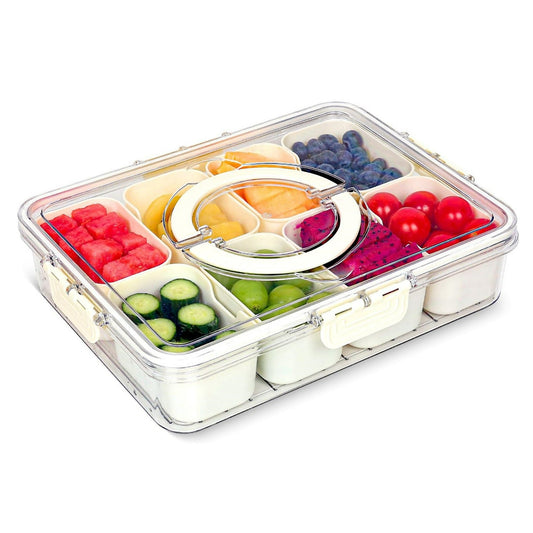 Snackle Box Container, 8 Compartment Divided Serving Tray with Lid and Handle, Portable Snack Tray and Serving Platter for Party, Picnic, Perfect for Fruit, Candy and Treats