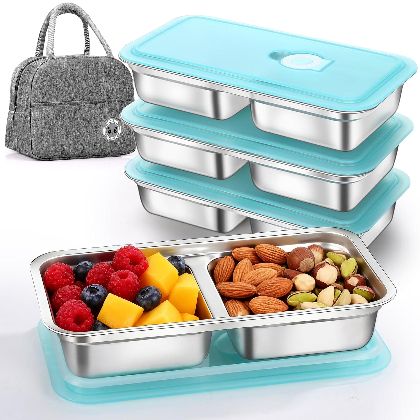 4 Pack Stainless Steel Snack Containers, Grab and Go Snack Containers with Lids and Lunch Box Bag, Reusable 2 Compartment Food Storage Containers  for Travel & Outdoor Camping