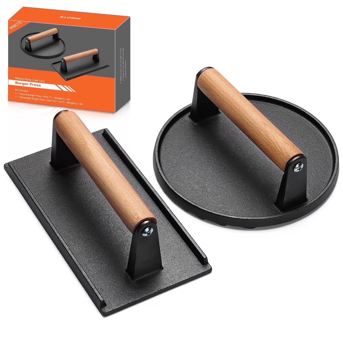 Mibote Burger Press, 2 Pcs Heavy-Duty Cast Iron Smash Bacon Press with Wood Handle for Griddle, Sandwich, Nonstick Pan