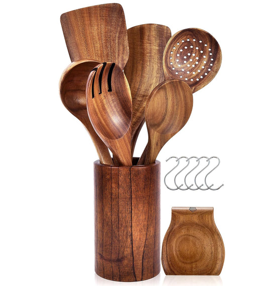 Wooden Cooking Utensils, AOKIWO 13 Pcs Kitchen Utensils Set with Holder & Spoon Rest, Teak Wood Spoons and Wooden Spatula for Cooking, Nonstick Natural and Healthy Kitchen Cookware