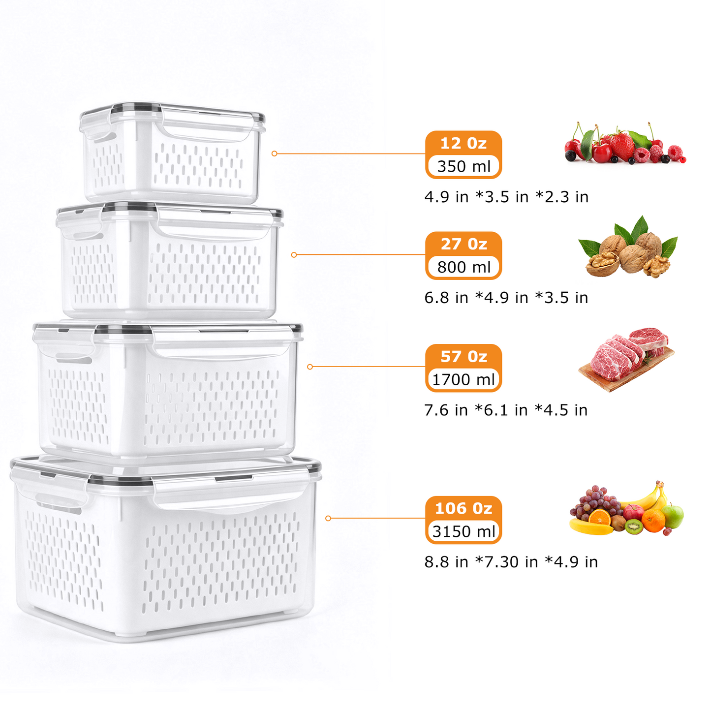 4 Pack Fruit Storage Containers for Fridge with Removable Colanders and Lids, 4 in 1 Leakproof Fridge Organizer Bins for Salad Berry Lettuce Vegetables Meat Keeper Fresh