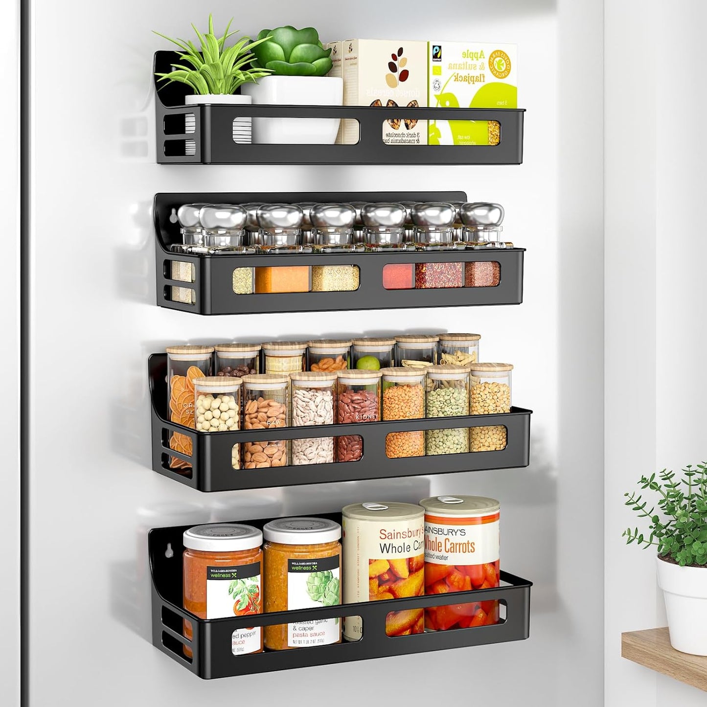 Magnetic Spice Rack for Refrigerator, AOKIWO 4 Pack Premium Plastic Spice Rack Organizer,Magnetic Fridge Shelf Seasoning Rack,Perfect Kitchen Organization and Storage (Black)