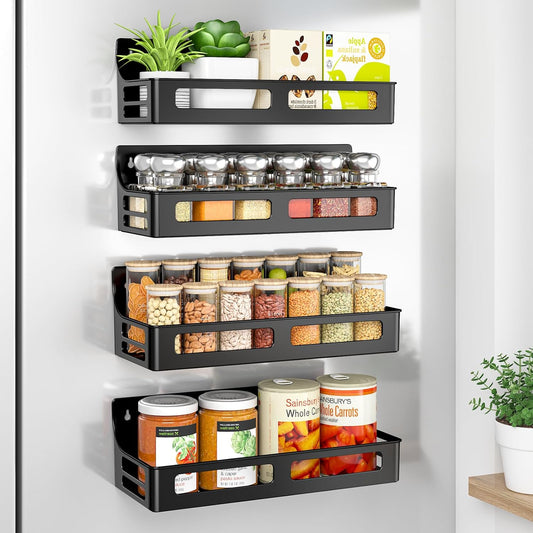 Magnetic Spice Rack for Refrigerator, AOKIWO 4 Pack Premium Plastic Spice Rack Organizer,Magnetic Fridge Shelf Seasoning Rack,Perfect Kitchen Organization and Storage (Black)