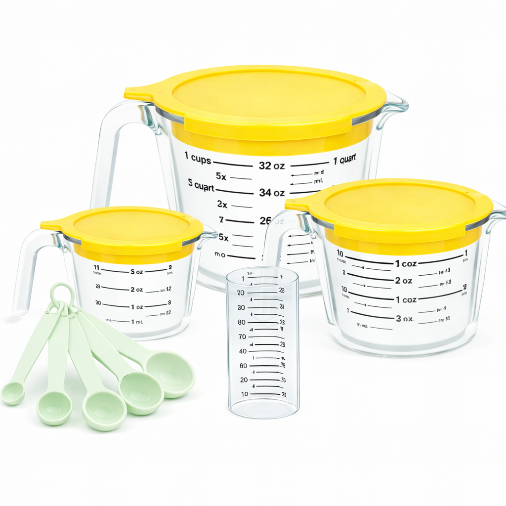 TAIMASI 9 Pcs Glass Measuring Cups Set with Lids, 4-Cup, 2-Cup, 1-Cup, 5 oz Liquid Measuring Cups & 5 Measuring Spoons | Microwave, Freezer & Dishwasher Safe，Yellow