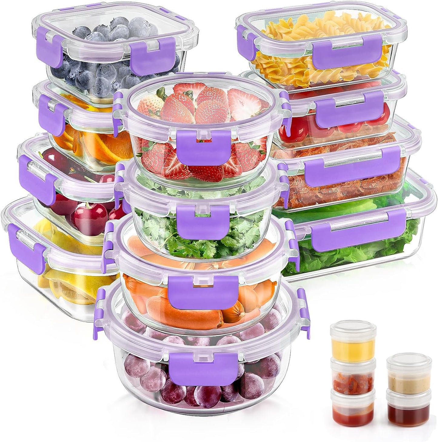 34pcs Glass Food Storage Containers with Lids Set, Airtight Glass Meal Prep Containers (17 Containers & 17 Lids),Leak Proof Lunch Containers BPA-Free, Microwave, Oven, Freezer, Dishwasher,Grey