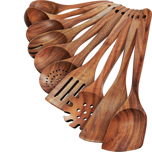 Wooden Spoons for Cooking, 10 Pcs Teak Wood Cooking Utensil Set â€?Wooden Kitchen Utensils for Nonstick Pans & Cookware â€?Sturdy, Lightweight & Heat Resistant