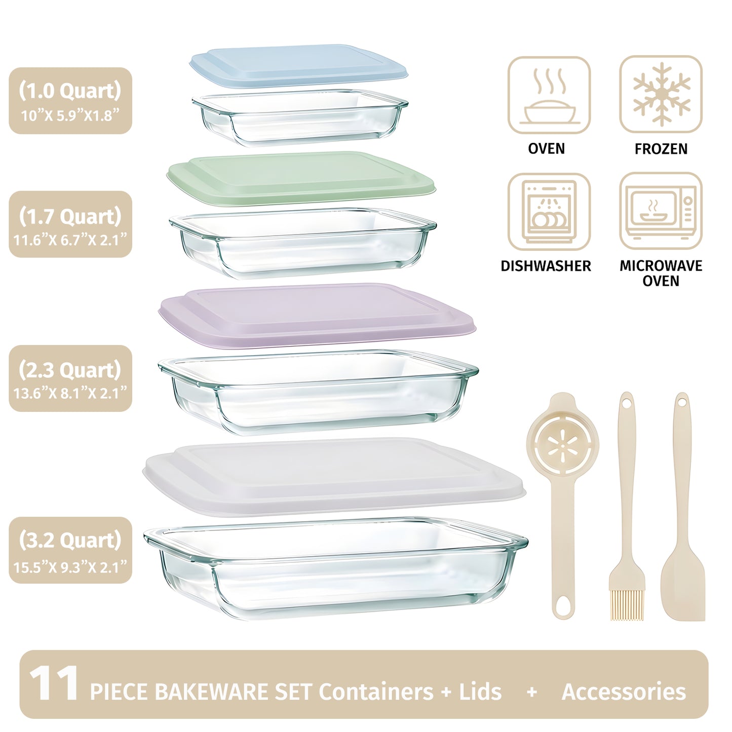 11 Pcs Deep Glass Baking Dish Set with lids/Egg Separator/Brush/Spatula, Rectangular Glass Baking Pans Bakeware Set for Lasagna, Leftovers, Cooking, Freezer-to-Oven, Multicolor