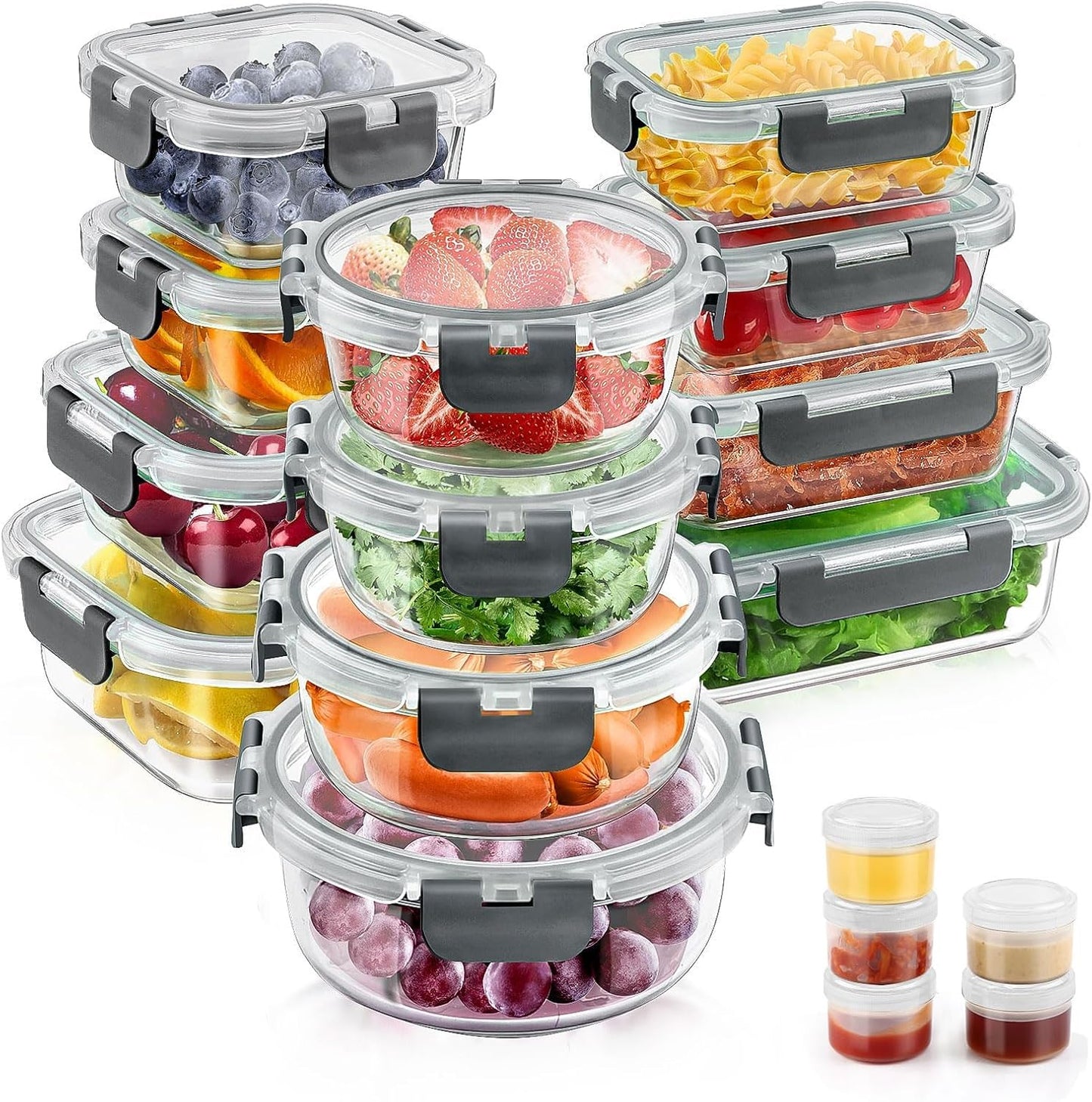 34pcs Glass Food Storage Containers with Lids Set, Airtight Meal Prep Containers (17 Containers & 17 Lids), Gray