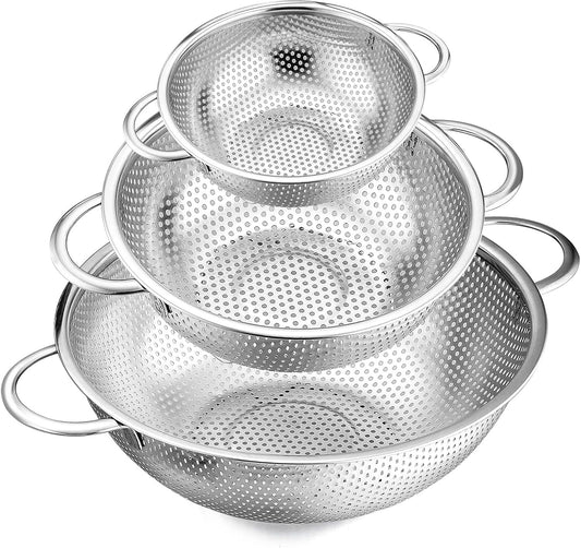 Colander Set of 3, AOKIWO Stainless Steel Micro-Perforated Colanders Strainers for Draining Rinsing Washing, Ideal for Pasta Vegetables Fruits, Heavy Duty & Dishwasher Safe - 1/3/5 Quart