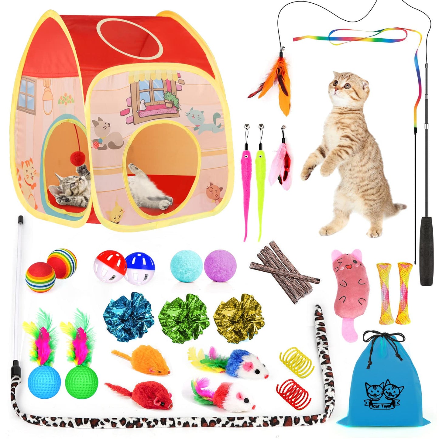 34Pcs Cat Toys Kitten Toys,Interactive Cat Toys Set with Collapsible Cat Tunnels Tent for Indoor Cats,Retractable Cat Wand Toys Catnip Toys Cat Feather Teaser Fluffy Mouse Crinkle Balls for Cat,Kitty