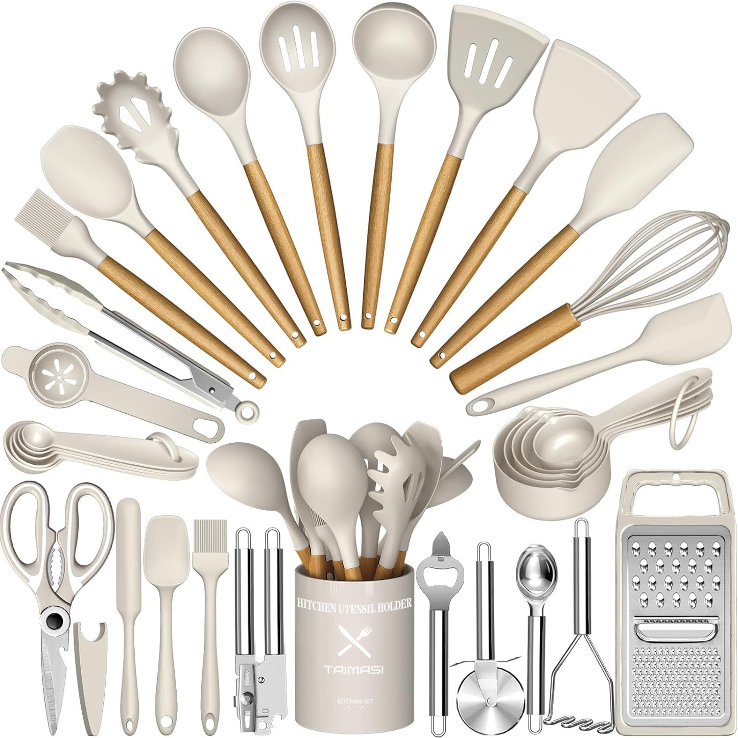 Kitchen Utensils Set- 34PCS Silicone Cooking Utensils with Holder, Heat Resistant Kitchen Utensil Spatula Set for Nonstick Cookware, Black Wooden Handles Kitchen Gadgets Tools Set-Black