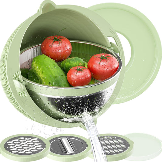 4-1 Colander with Mixing Bowl Set - for Kitchen, Food, Pasta And Rice Strainer, Fruit Cleaner, Veggie Wash, Salad Spinner, Apartment & Home Essentials - Green