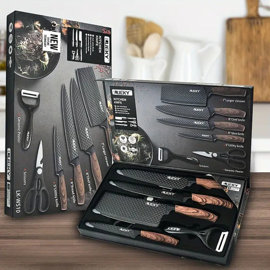 6PCS Kitchen Knives Set, AOKIWO Hand Forged Stainless Steel Cleaver Japanese Damascus Chef Knife Scissors Peeler with Gift Box