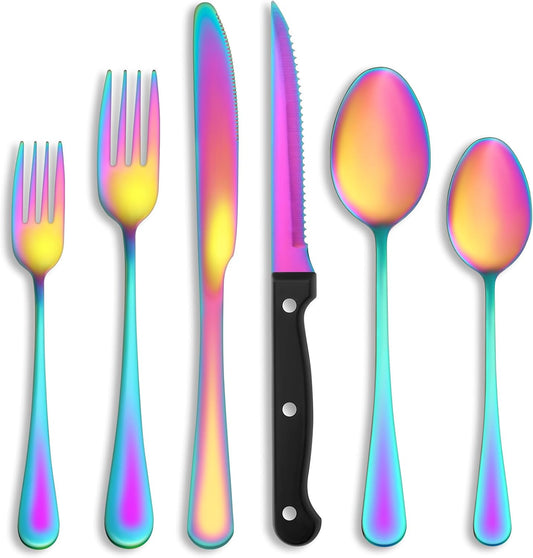 24 Pcs Rainbow Silverware Set with Steak Knives Service for 4,