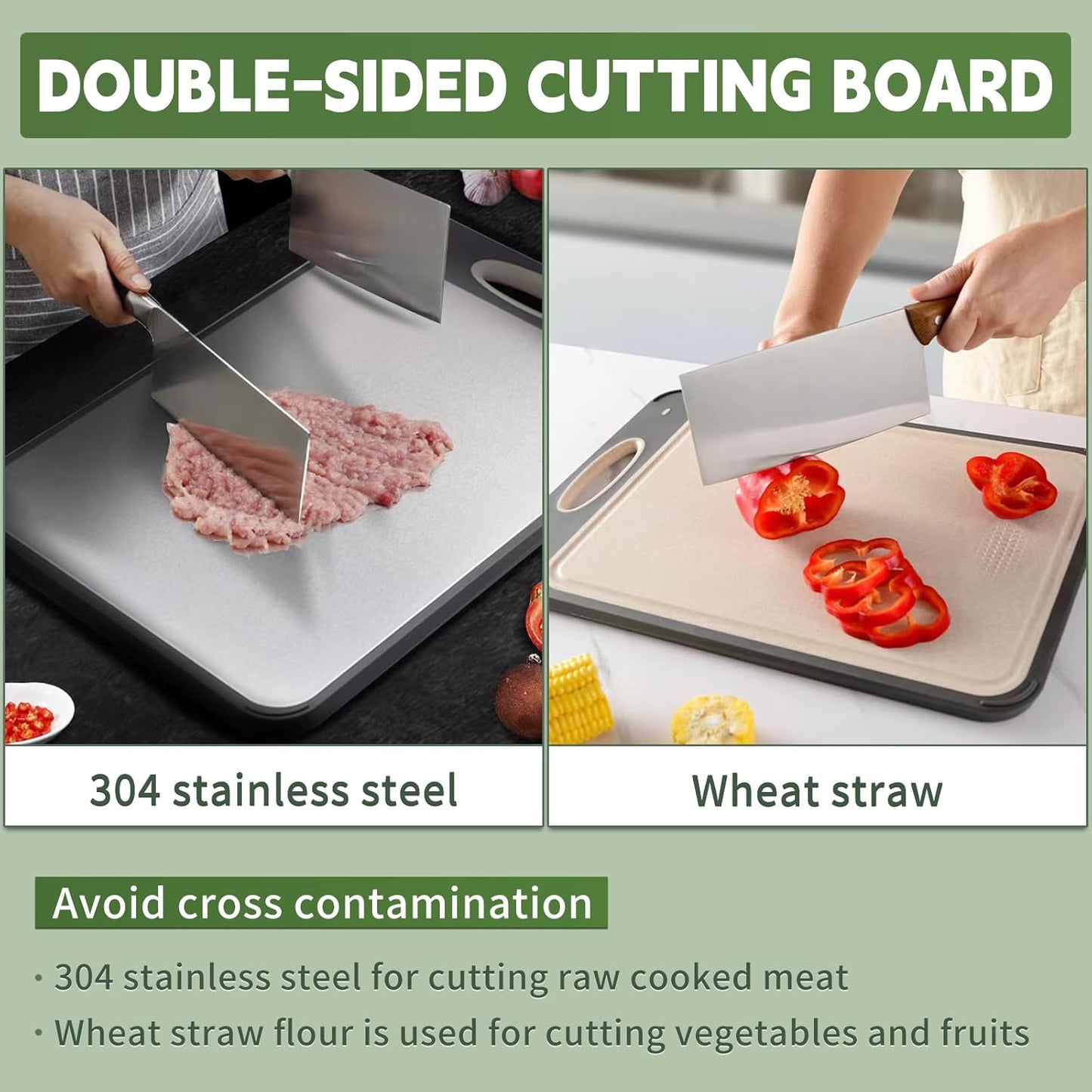 Cutting Board Double Sided, AOKIWO 304 Stainless Steel Cutting Board for Kitchen, Large Size 16'' ×11'' Non Toxic Chopping Board, Food-Grade, Stainless Steel and Wheat Straw PP