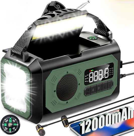 12000mAh Emergency Radio, AM/FM/NOAA Weather Alert Radio, Portable Hand Crank Solar/Type-C Charging Outdoor Radio with Torch & Reading Lamp, SOS Alarm, Power Bank (Army Green)