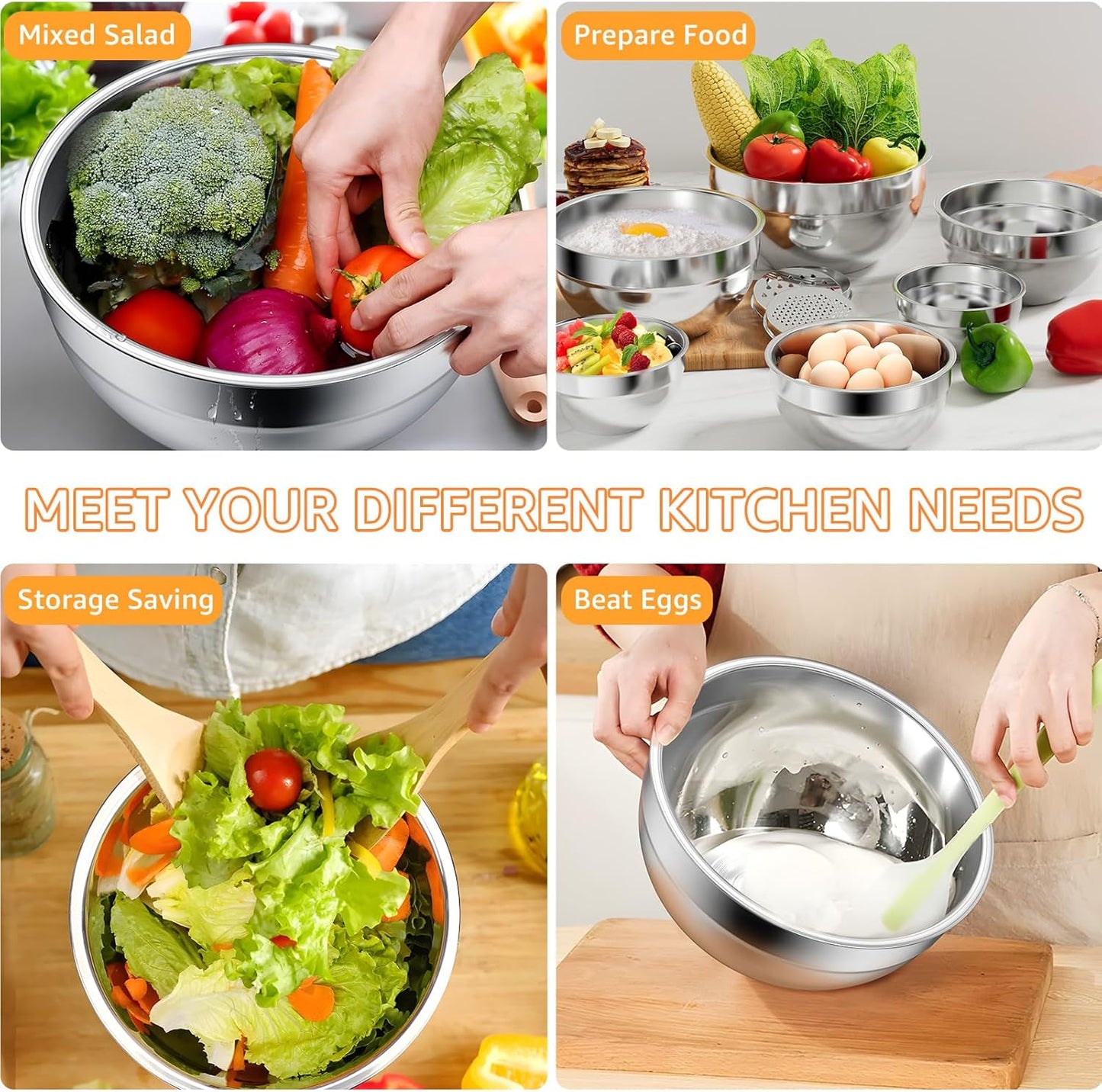 Mixing Bowls with Airtight Lids, AOKIWO 8 PCS Stainless Steel Bowls Set with 3 Grater Attachments, Metal Nesting Bowls with Non-Slip Bottoms, Size 5, 4, 3.5, 2, 1.5 QT for Cooking, Baking, Colorful