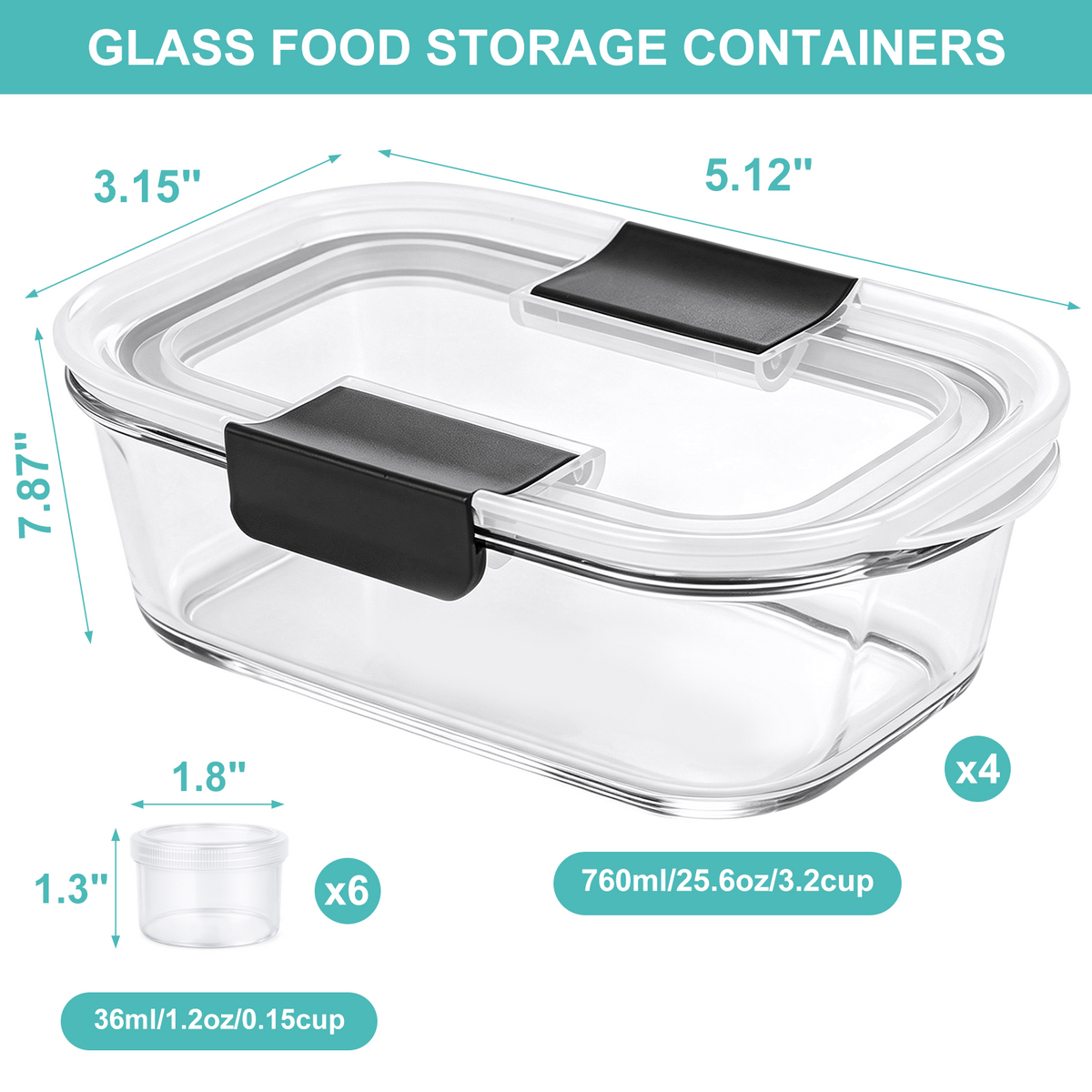 20 Pcs Glass Food Storage Containers with Lids, Glass Meal Prep Container Sets with Snap Airtight Lids, Meal Prep Containers with Sauce Cups, Microwave, Oven, Freezer & Dishwasher Safe, Leak-Proof