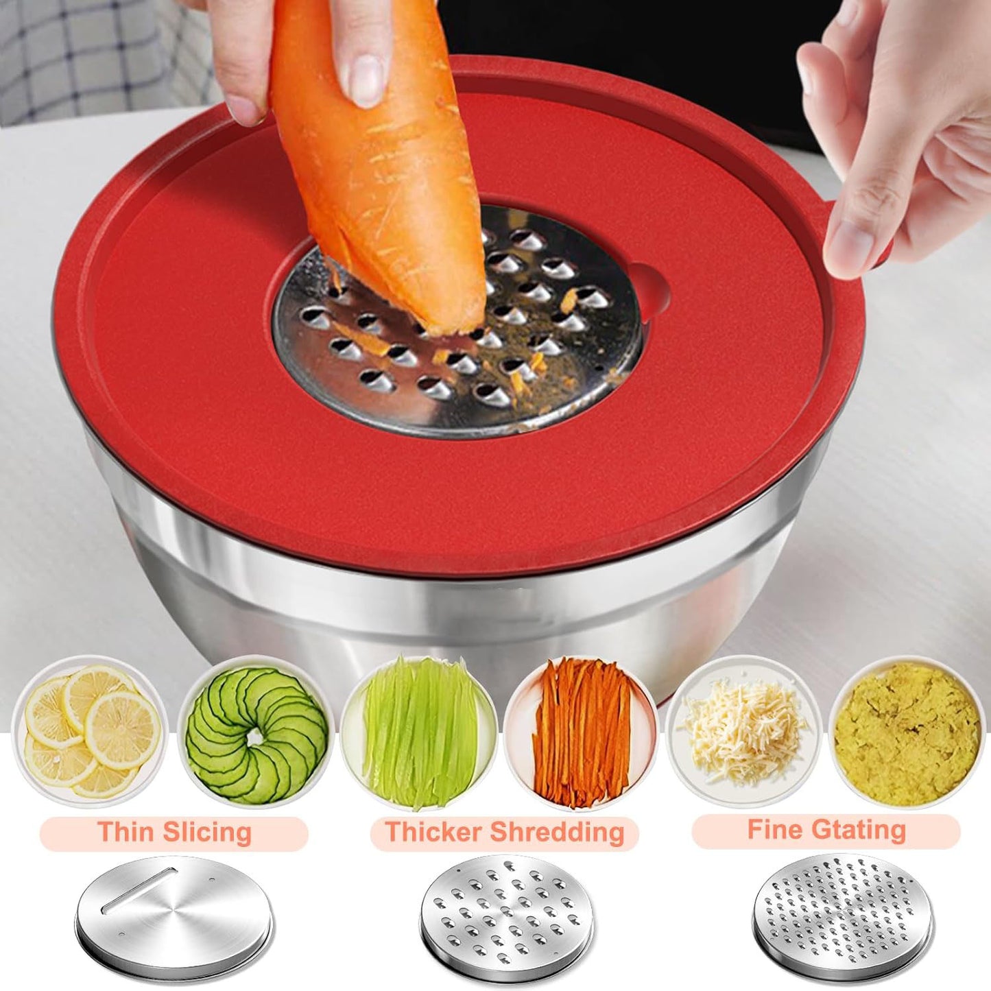 Mixing Bowls with Airtight Lids, AOKIWO 8 PCS Stainless Steel Bowls Set with 3 Grater Attachments, Metal Nesting Bowls with Non-Slip Bottoms, Size 5, 4, 3.5, 2, 1.5 QT for Cooking, Baking, Colorful