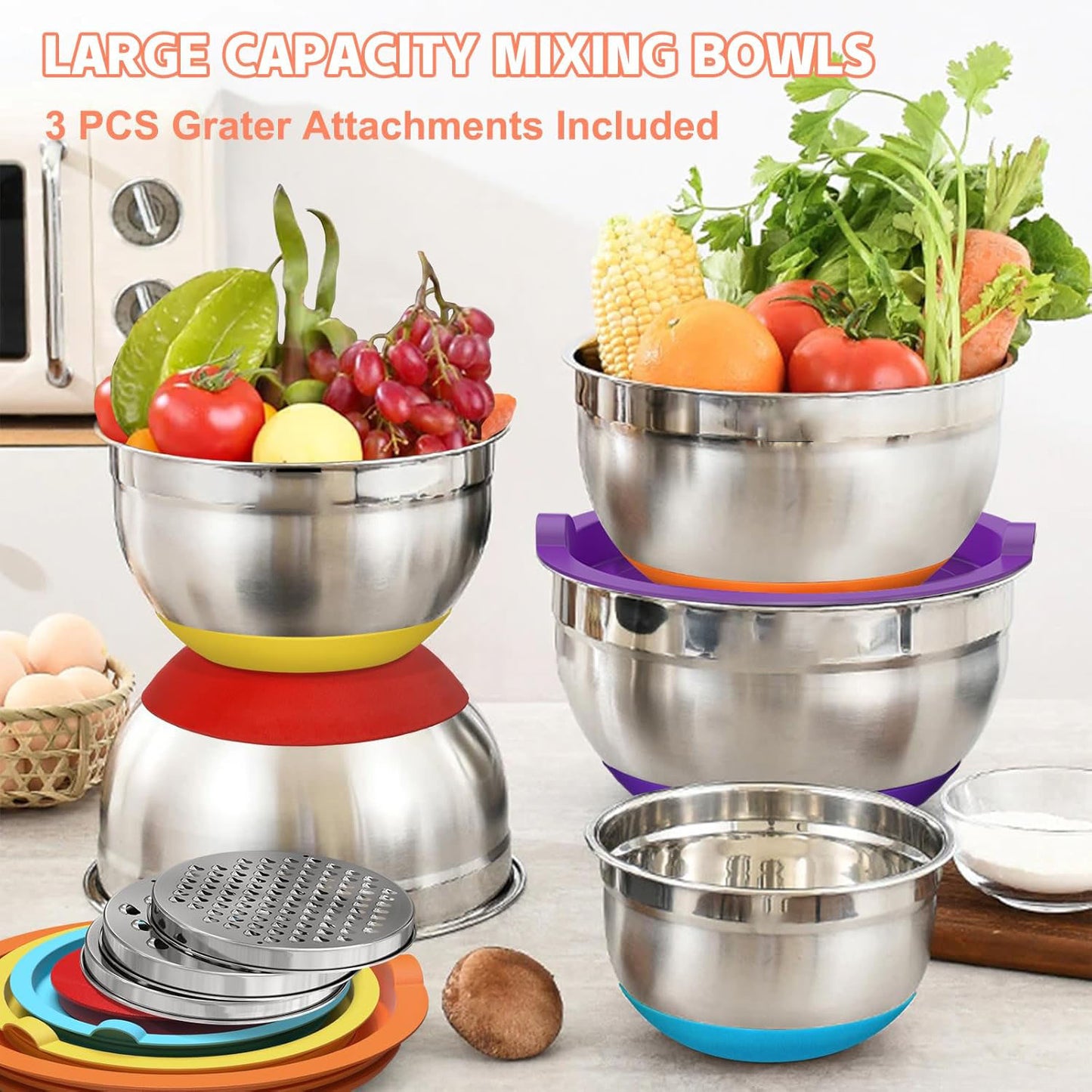 Mixing Bowls with Airtight Lids, AOKIWO 8 PCS Stainless Steel Bowls Set with 3 Grater Attachments, Metal Nesting Bowls with Non-Slip Bottoms, Size 5, 4, 3.5, 2, 1.5 QT for Cooking, Baking, Colorful