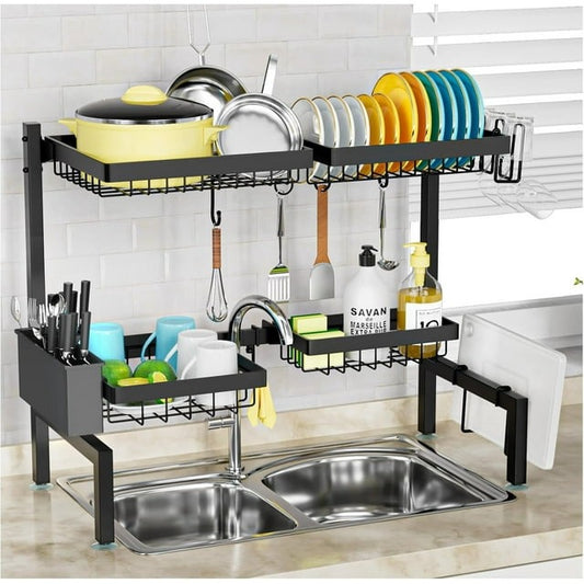 ［2-Tier 4 Baskets］Over The Sink Dish Drying Rack, AOKIWO Extensible and Adjustable Large Sink Rack for Kitchen to Saving Kitchen Space