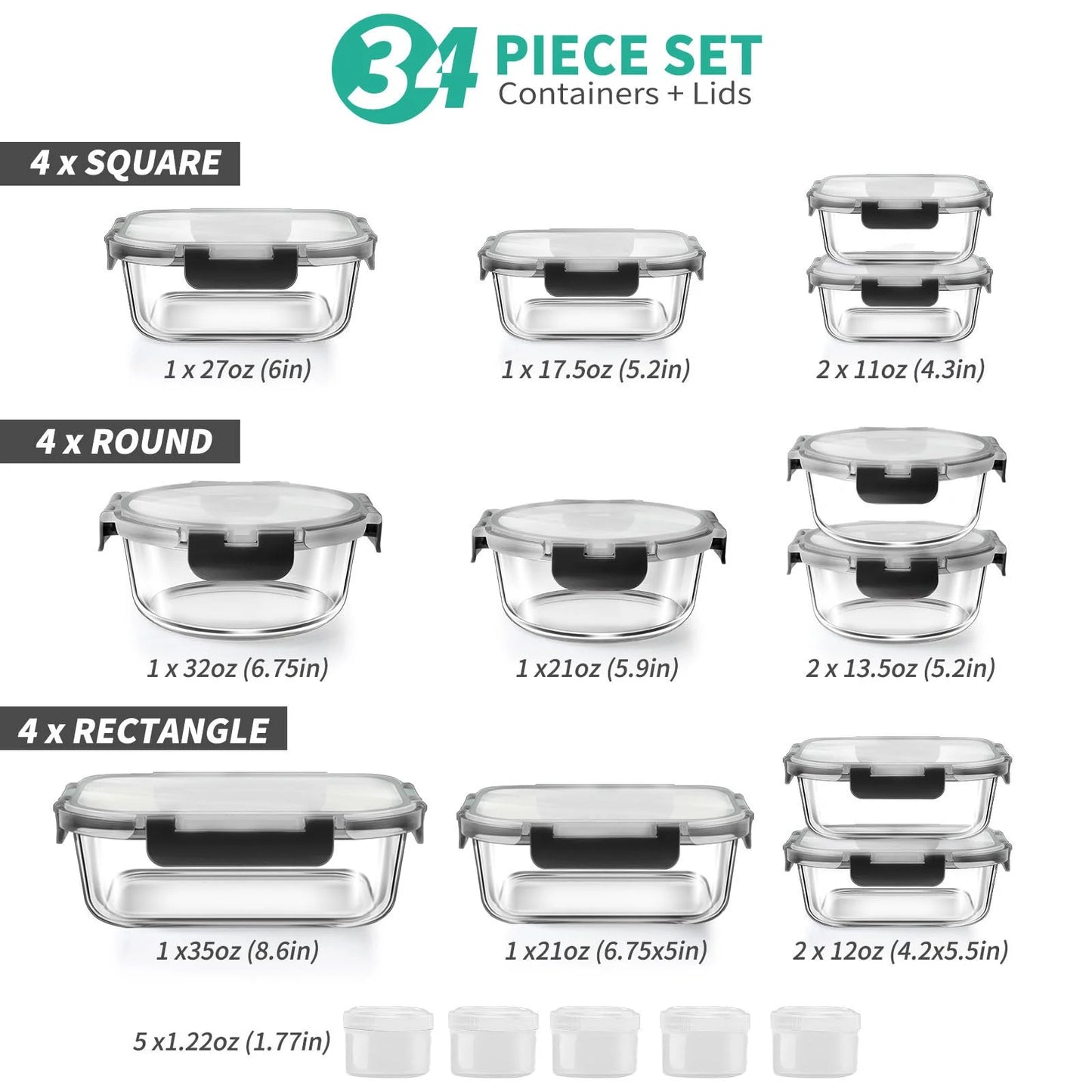 34pcs Glass Food Storage Containers with Lids Set, Airtight Glass Meal Prep Containers (17 Containers & 17 Lids),Leak Proof Lunch Containers BPA-Free, Microwave, Oven, Freezer, Dishwasher,Black