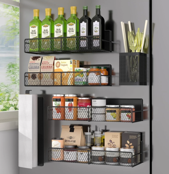 Magnetic Spice Rack for Refrigerator, 6 Pack Metal Magnetic Shelf Black