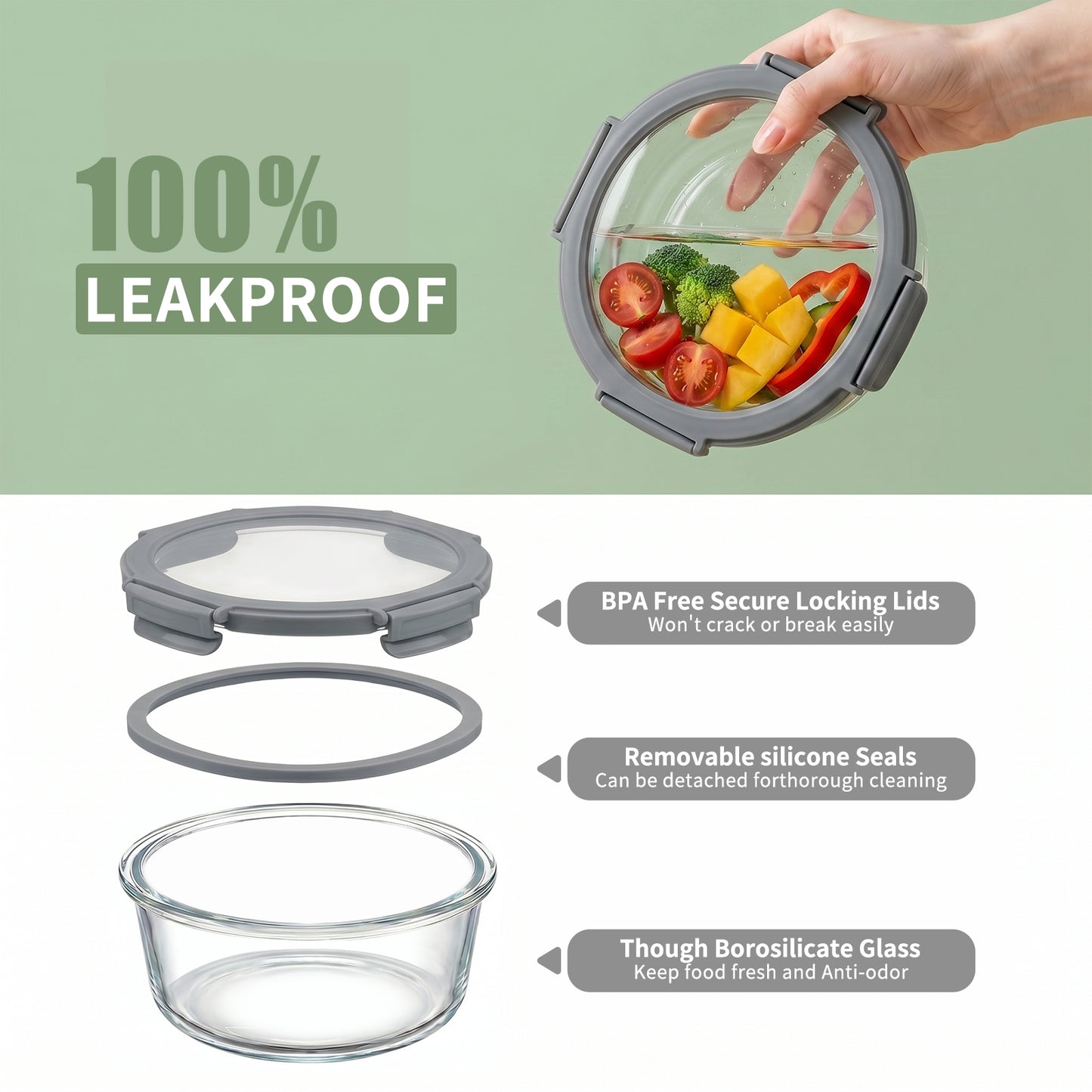36pcs Glass Food Storage Containers with Lids Set, Airtight Meal Prep Containers (18 Containers & 18 Lids), Grey