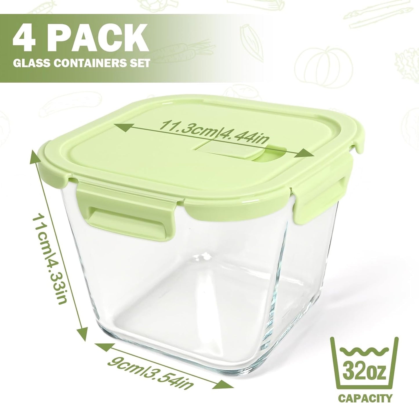 8 Pcs Glass Food Storage Containers with Lids, 4 Cup Airtight Soup Bowl, Square Meal Prep Jar for Fruit, Lunch, Freezer Microwave Safe