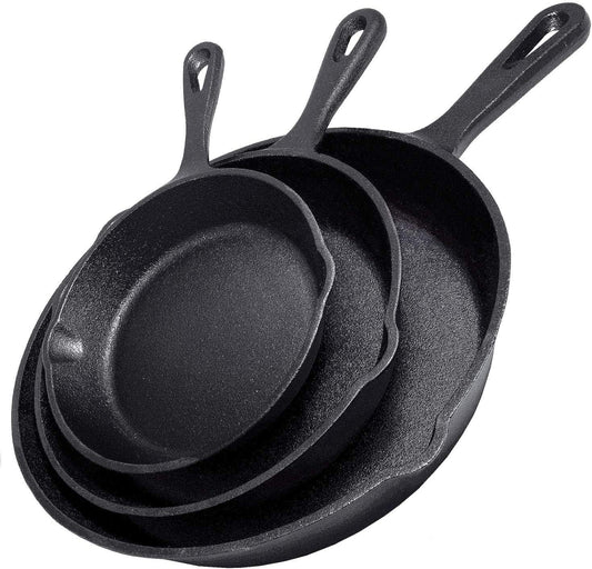Cast Iron Skillet Set, AOKIWO 3-Piece Pre-Seasoned Pan Cookware Set, 10", 8", 6" Frying Pans with Handles, Heavy-Duty Cookware Set with Non-Stick Surface For Saute, Cooking, Pizza